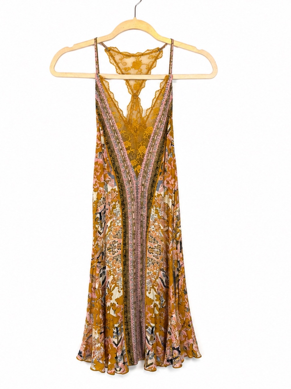 Free People Mustard Floral Lace-Back Slip Dress